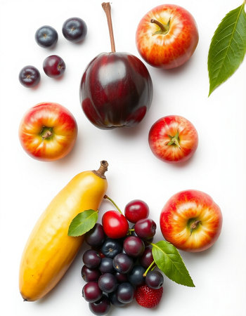 Fruits and vegetables isolated on a white background. Top view.の写真素材