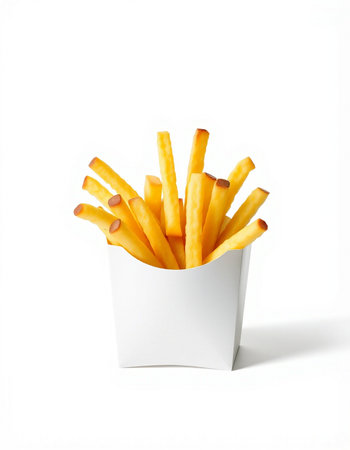 French fries in paper box isolated on white background. Fast food.