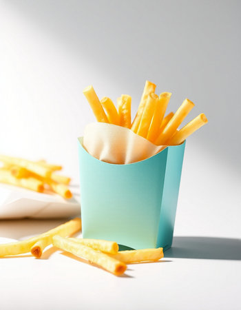 French fries in a paper box on a white background with copy space
