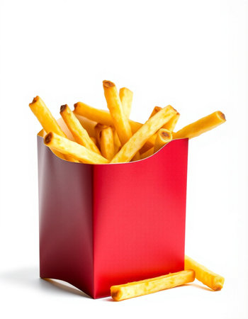 French fries in a red box on a white background. Isolatedの写真素材