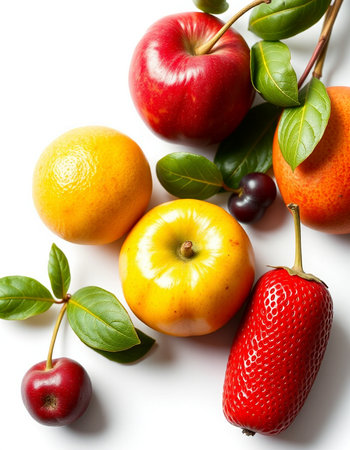 Fresh fruits isolated on white background. Healthy food concept. Top view.の写真素材