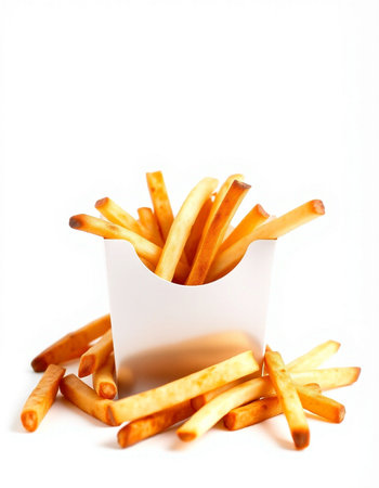 French fries in paper box isolated on white background. Selective focus.