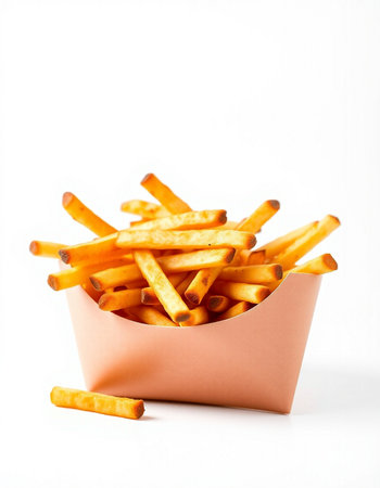 French fries in a paper box on a white background. Selective focus.