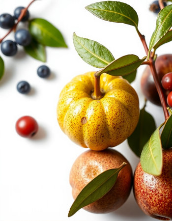 Autumn still life with pears and berries on a white backgroundの写真素材
