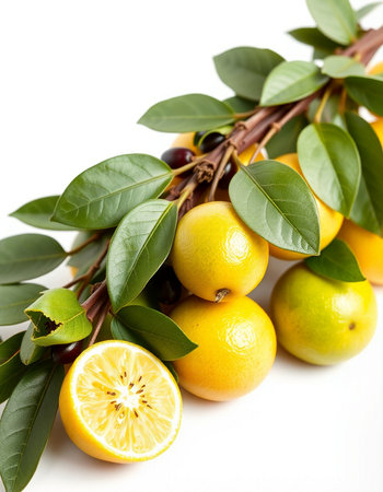 Fresh lemons and oranges with green leaves on a white background.の写真素材