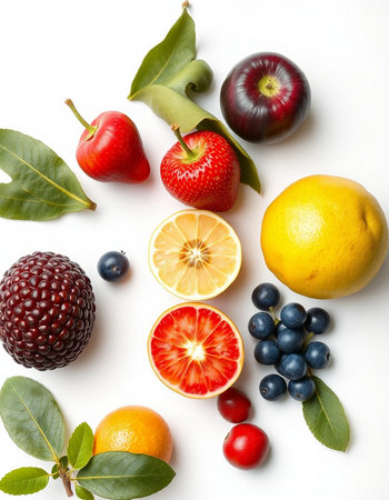 Fruits and berries on a white background. Flat lay, top viewの写真素材