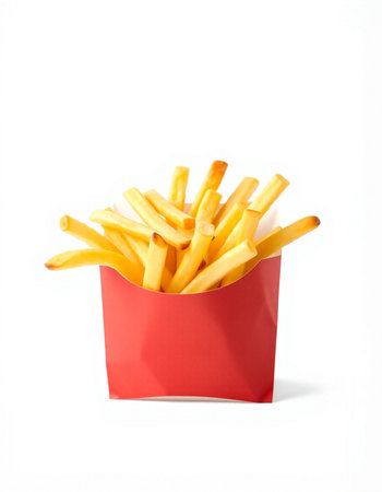 French fries in a red box on a white background. Isolatedの写真素材