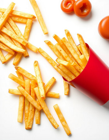 French fries in a red box with tomatoes on a white background.の写真素材