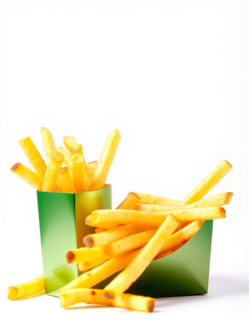 French fries in a green box on a white background. Isolatedの写真素材