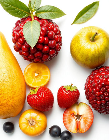 Composition of fresh fruits and berries on white background, top view