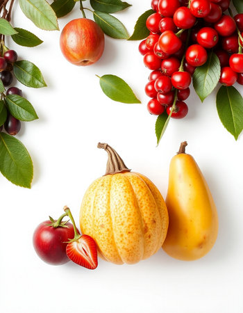 Autumn composition with pumpkins, apples and berries on white backgroundの写真素材