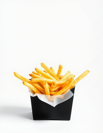 French fries in a paper box on a white background, fast foodの写真素材