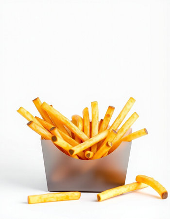 French fries in a box on a white background with space for text
