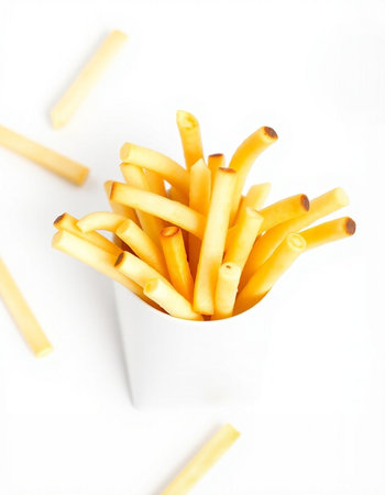 French fries isolated on white background. Top view. Copy space.の写真素材