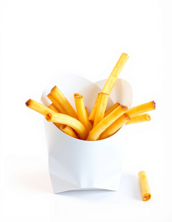 French fries in paper box isolated on white background. Selective focus.の写真素材