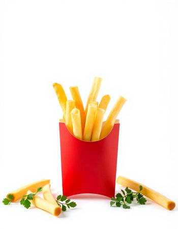 French fries in a red box with parsley on a white backgroundの写真素材