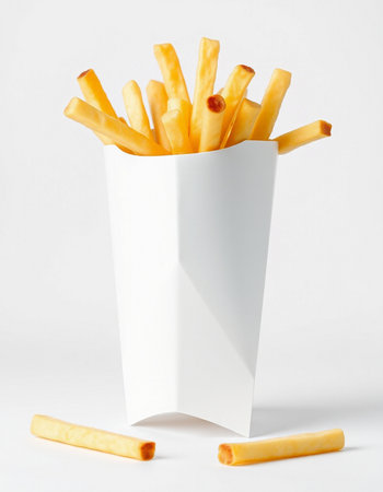 French fries in a white paper box on a white background. Fast food.