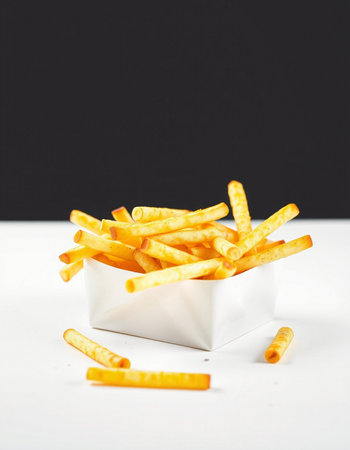 French fries in a white box on a white table and black backgroundの写真素材