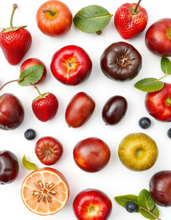 collection of fresh fruits and berries isolated on white background. top viewの写真素材