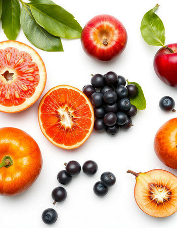 Fruits and berries isolated on white background. Flat lay, top viewの写真素材