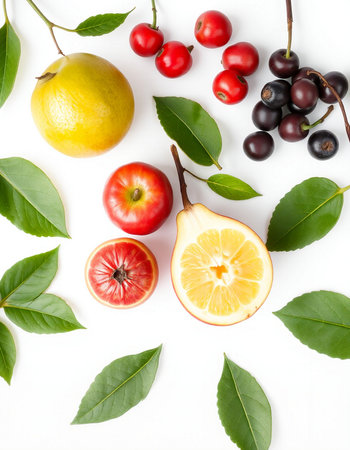 Fruits and berries on white background. Flat lay, top viewの写真素材