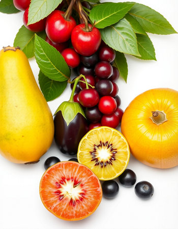 Fruits and berries isolated on white background. Healthy food concept.