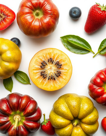 Fruits and vegetables on a white background. Flat lay, top viewの写真素材
