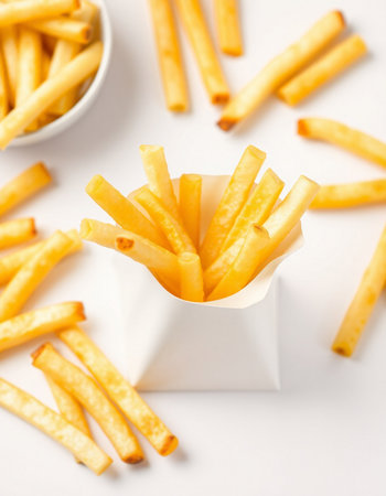French fries in paper box on white background, top view, close up