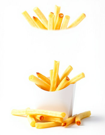 French fries in paper box on white background. Shallow dof.