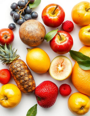 Fruits and vegetables on a white background. View from above.