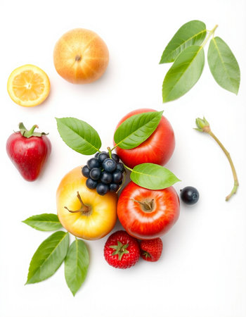 Fruits, berries and leaves on white background. Healthy food concept