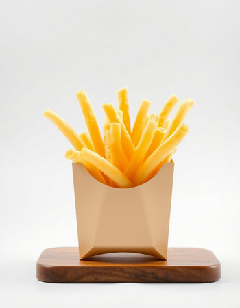 French fries in a paper box on a wooden stand on a white background