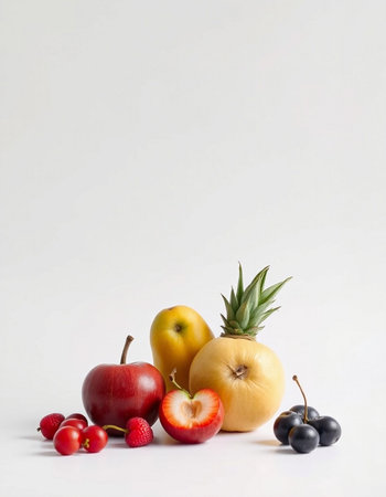 Fruits on a white background. Healthy eating concept. Copy space.