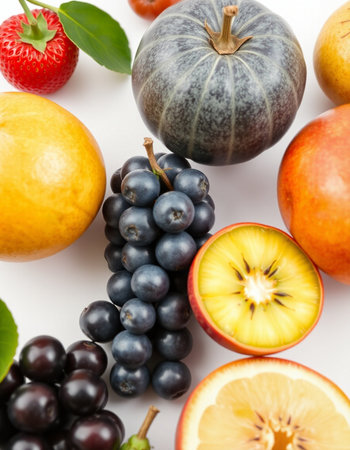 Fruits and vegetables on a white background, close-up.の写真素材