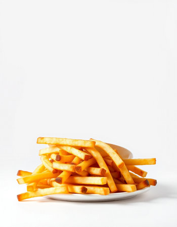 Golden French fries potatoes on a white plate isolated on a white backgroundの写真素材