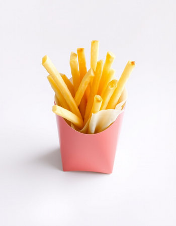 French fries in pink box on white background. Selective focus.の写真素材