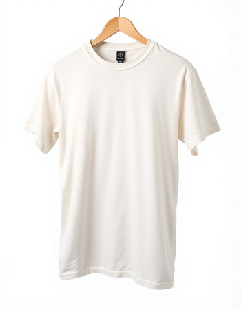 White t-shirt on wood hanger isolated on white background.