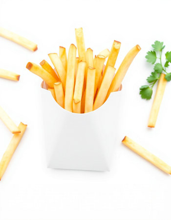 French fries in a white box on a white background, top viewの写真素材