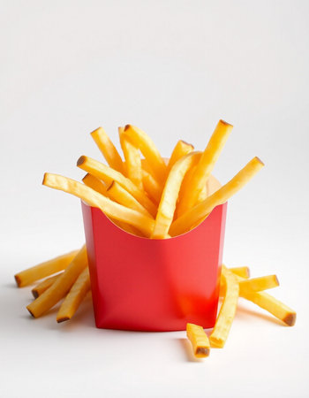 French fries in a red box on a white background, fast food