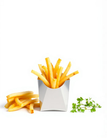 French fries in a paper box on a white background with parsleyの写真素材