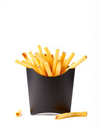 French fries in a black box on a white background. Isolatedの写真素材