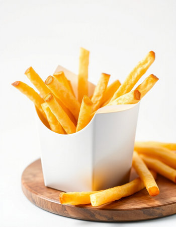 French fries in a white box on a wooden board on a white background