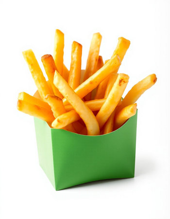 French fries in a green box on a white background. Isolatedの写真素材