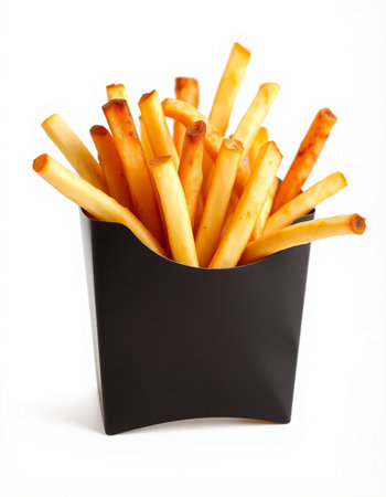 French fries in a black box on a white background, isolated.