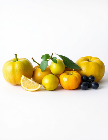 Fruits on a white background. Lemon, plums, applesの写真素材
