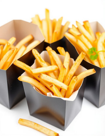 French fries in paper box isolated on white background. Close up.