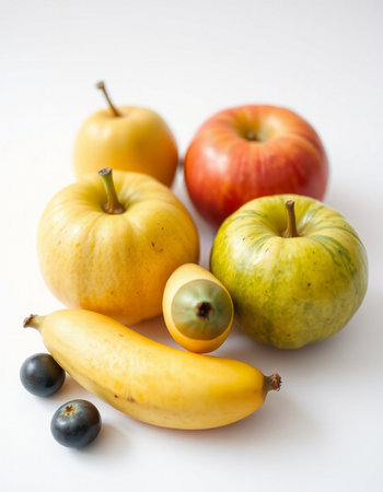 Pumpkin, apple, banana and blueberry fruits on white background