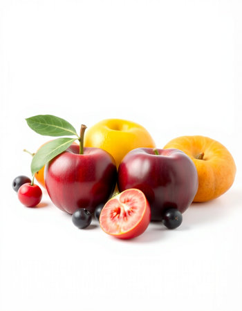 Fruits isolated on a white background. Applescots and cherries.