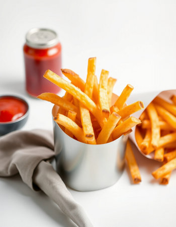 French fries with ketchup on a white background. Selective focus.