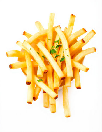 French fries with parsley on a white background. Isolated.